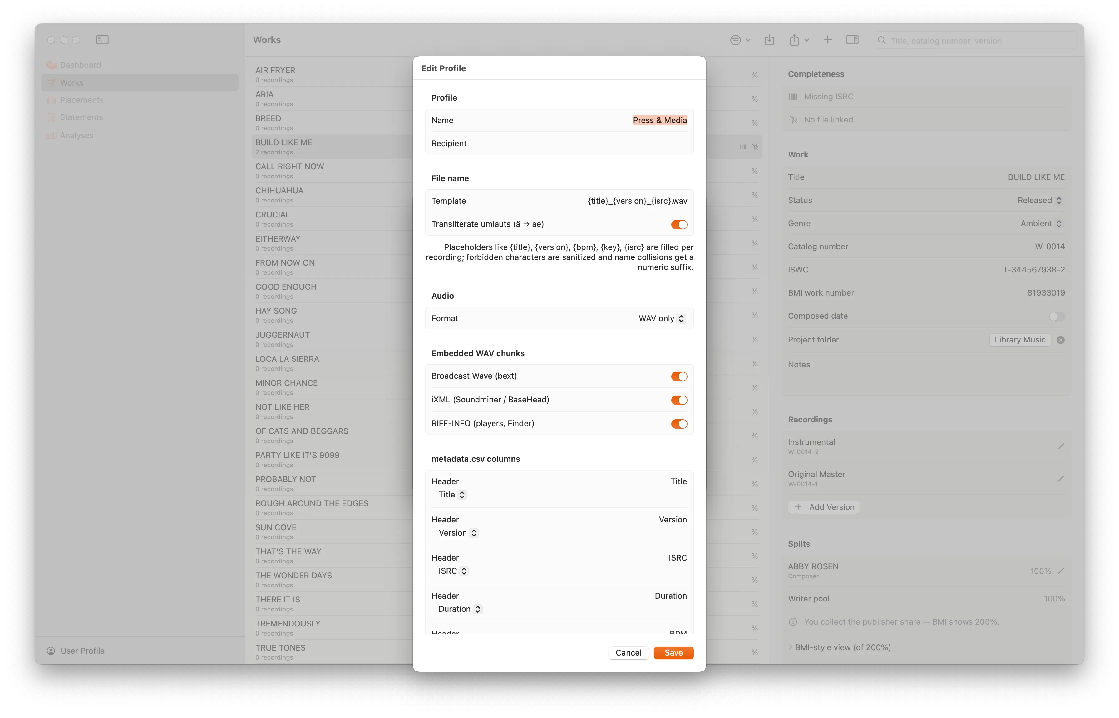 An export profile in cueliszt: file-name template, embedded WAV metadata and delivery columns.