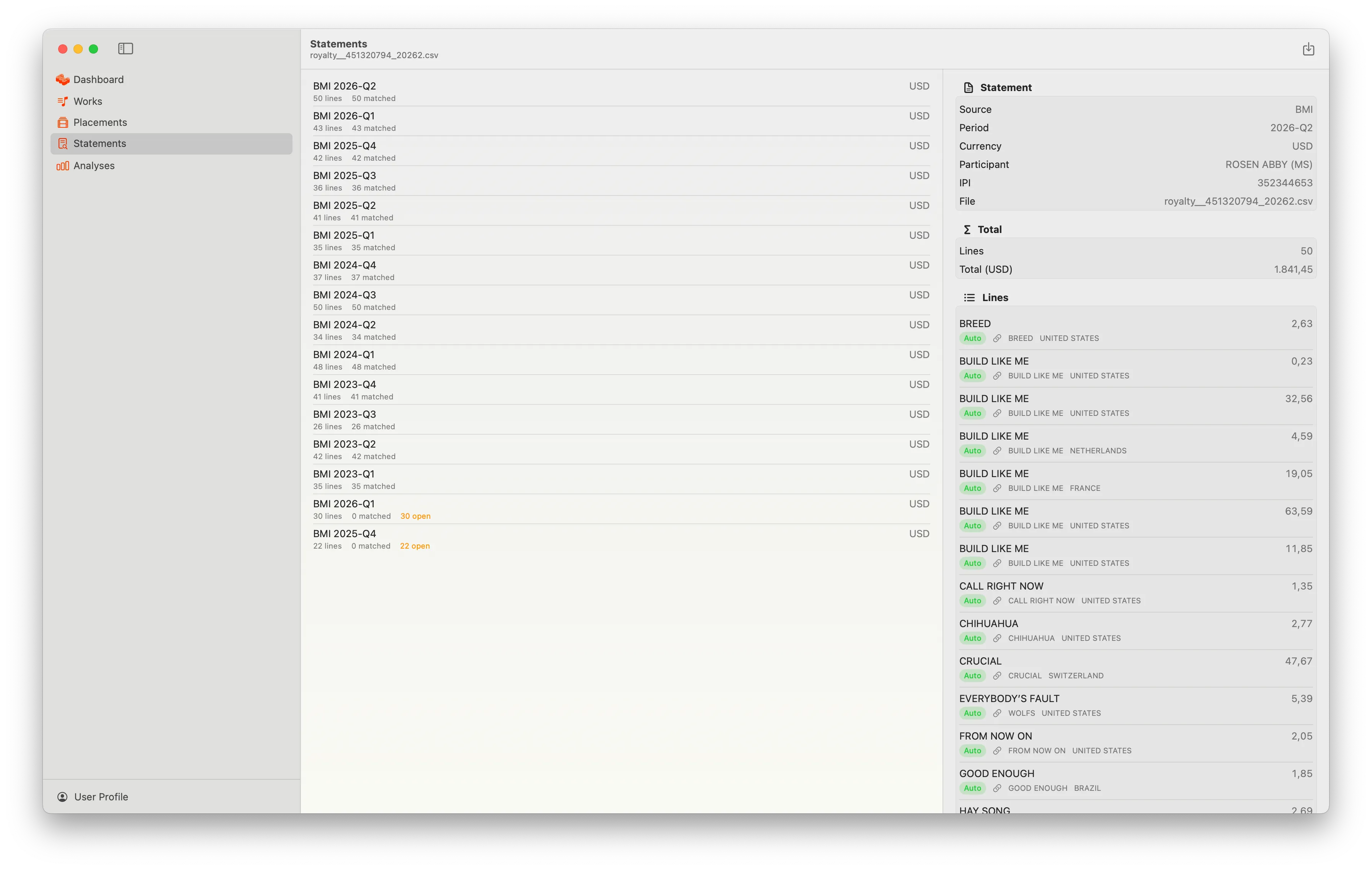 The Statements view in cueliszt: imported royalty statements with each line matched to a work.
