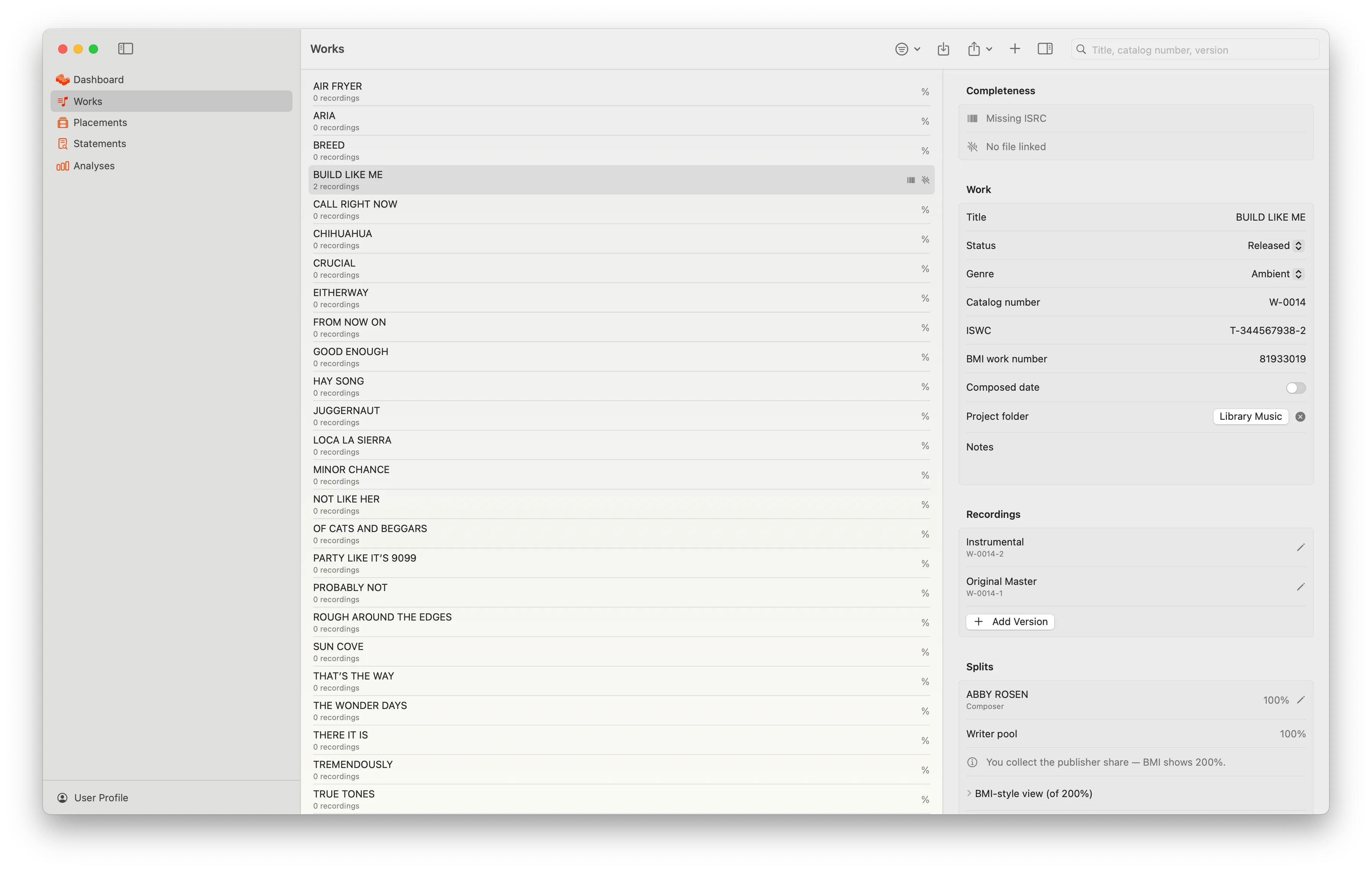 The Works list in cueliszt with a selected work — its recordings, splits and identifiers.